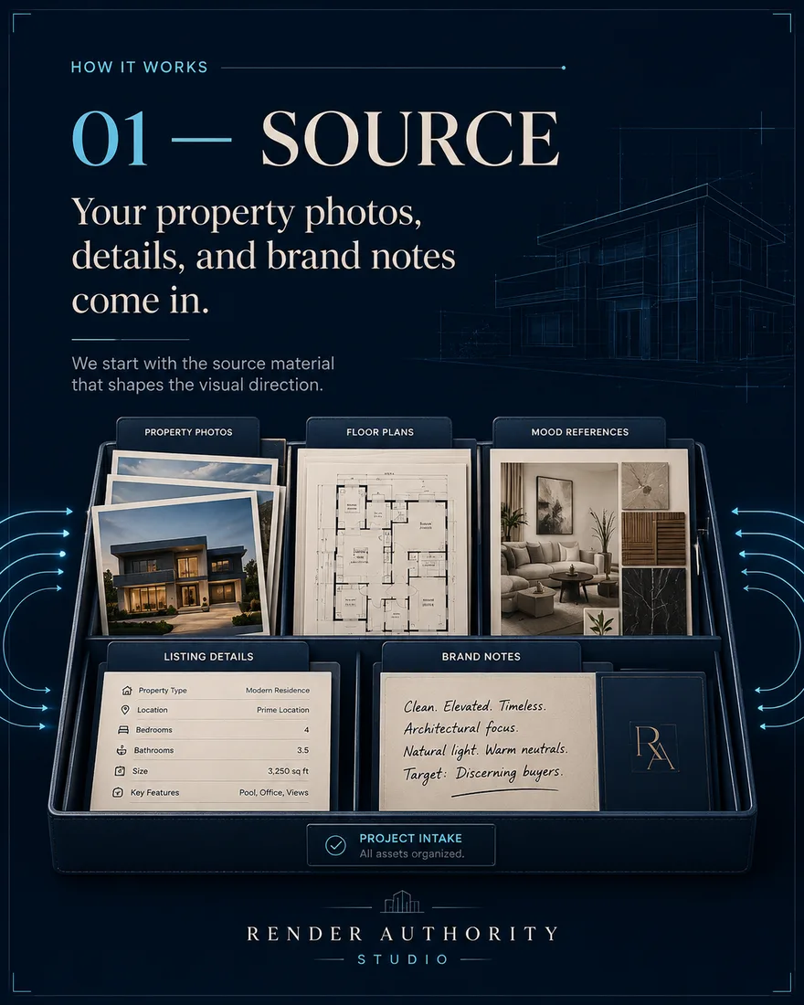 Process board 01, Source — property photos, floor plans, mood references, listing details and brand notes arranged on the studio intake board.