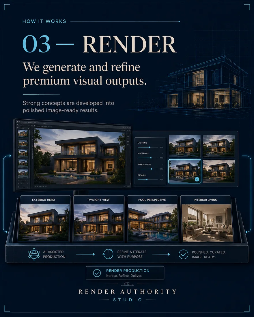 Process board 03, Render — exterior hero, twilight, pool and interior visuals developed through AI-assisted production into polished image-ready results.