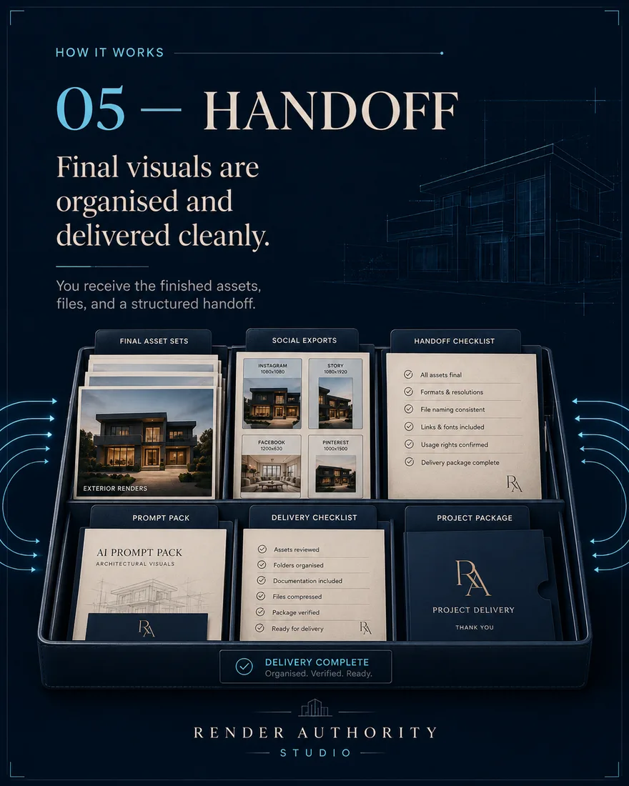 Process board 05, Handoff — final asset sets, social exports, prompt pack and delivery checklist packaged as an organised project handoff.