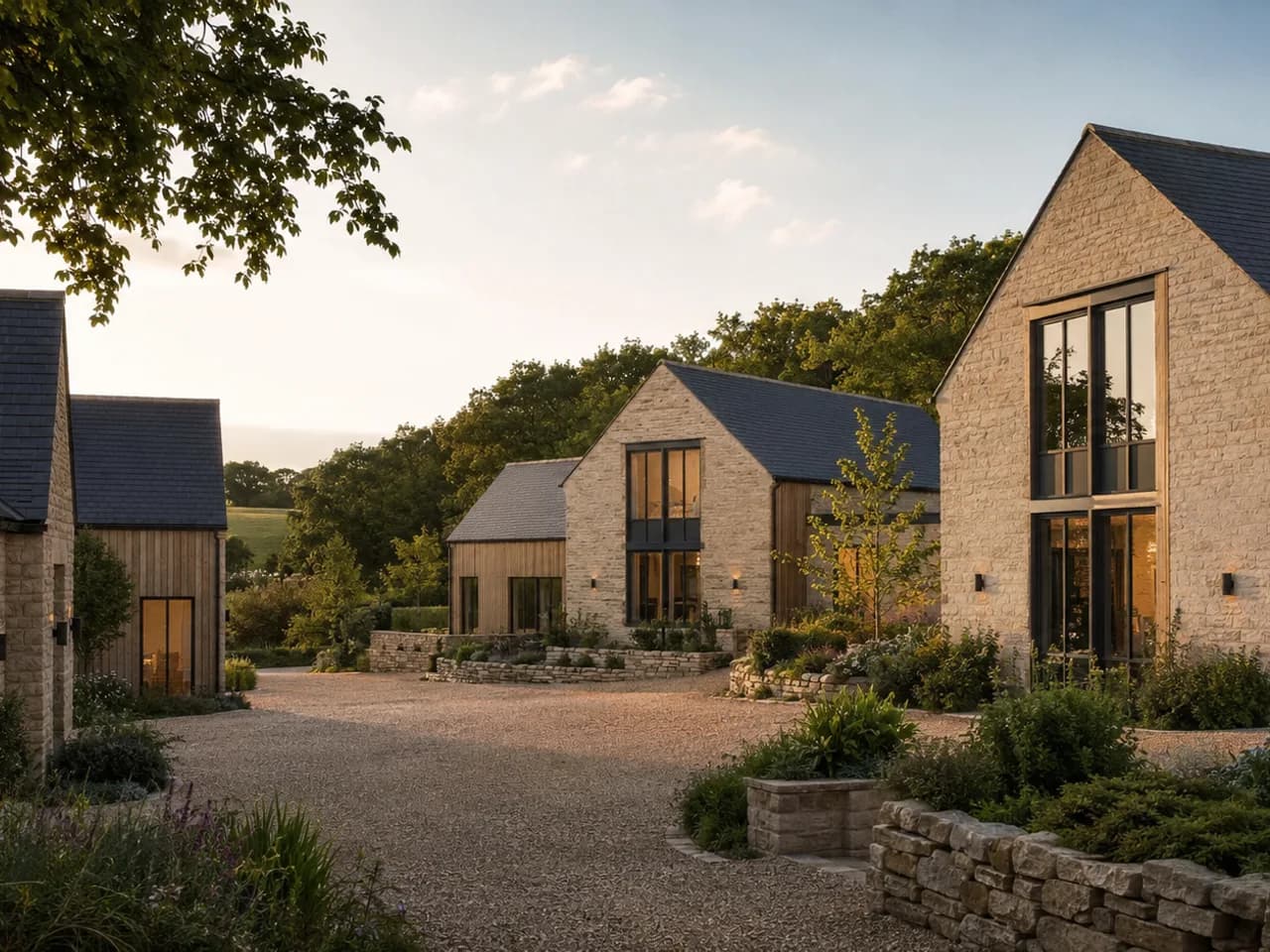 SPEC fictional countryside barn-style development visual showing multiple stone and timber homes arranged around a landscaped rural courtyard.