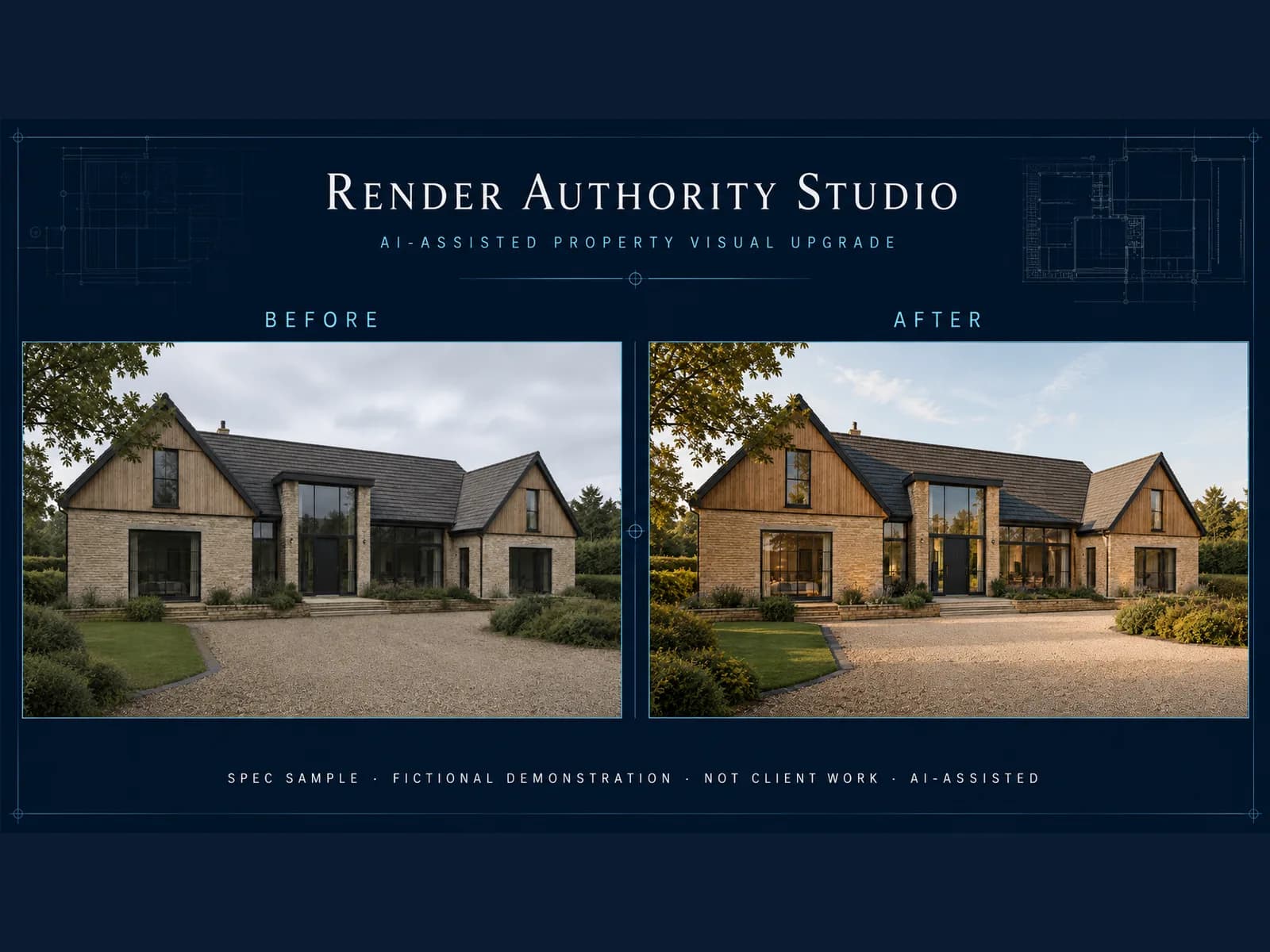 Before and after SPEC property visual showing a dull source-style exterior upgraded into a polished Render Authority Studio marketing image.