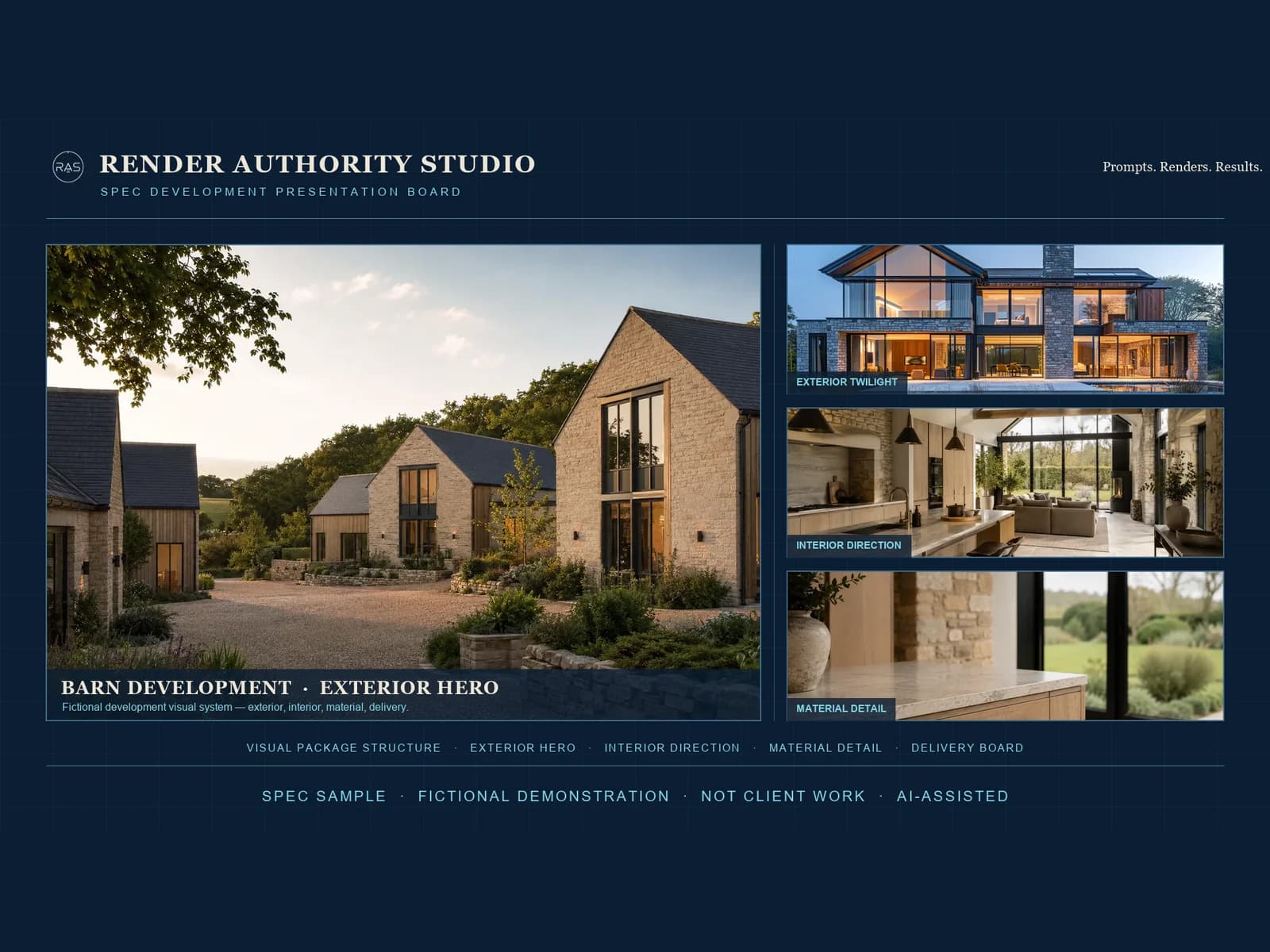 Render Authority Studio fictional SPEC developer presentation board with a barn-development exterior hero, supporting twilight, interior and material-detail visuals, and a visual package structure on a navy blueprint layout.