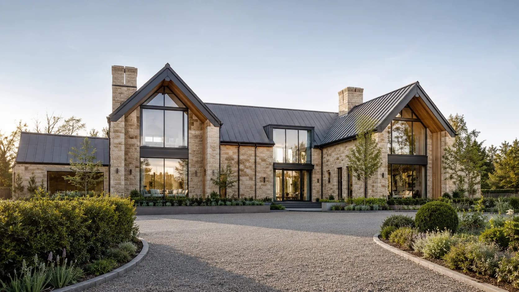 SPEC sample daylight exterior visual of a premium UK countryside property with stone, timber cladding, glazing, landscaped planting, and gravel drive.