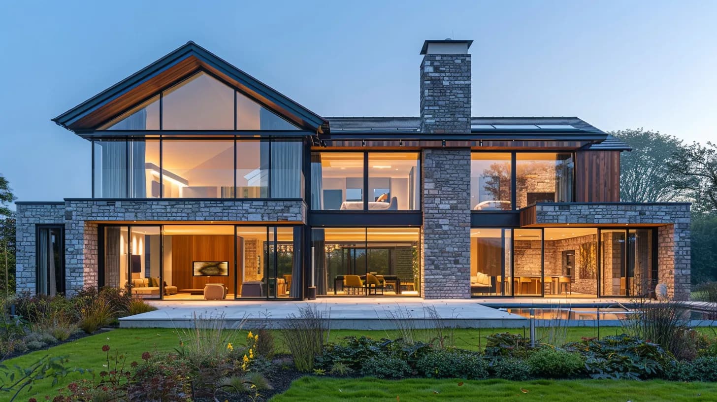 SPEC sample twilight exterior visual of a premium UK contemporary property with warm interior glow against a deep blue-hour sky, stone, timber, and large glazing.