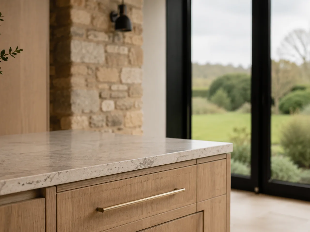 SPEC fictional property material detail showing a honed stone worktop, pale oak cabinetry, brass handle detail, black steel glazing, stone wall texture, and soft garden view.