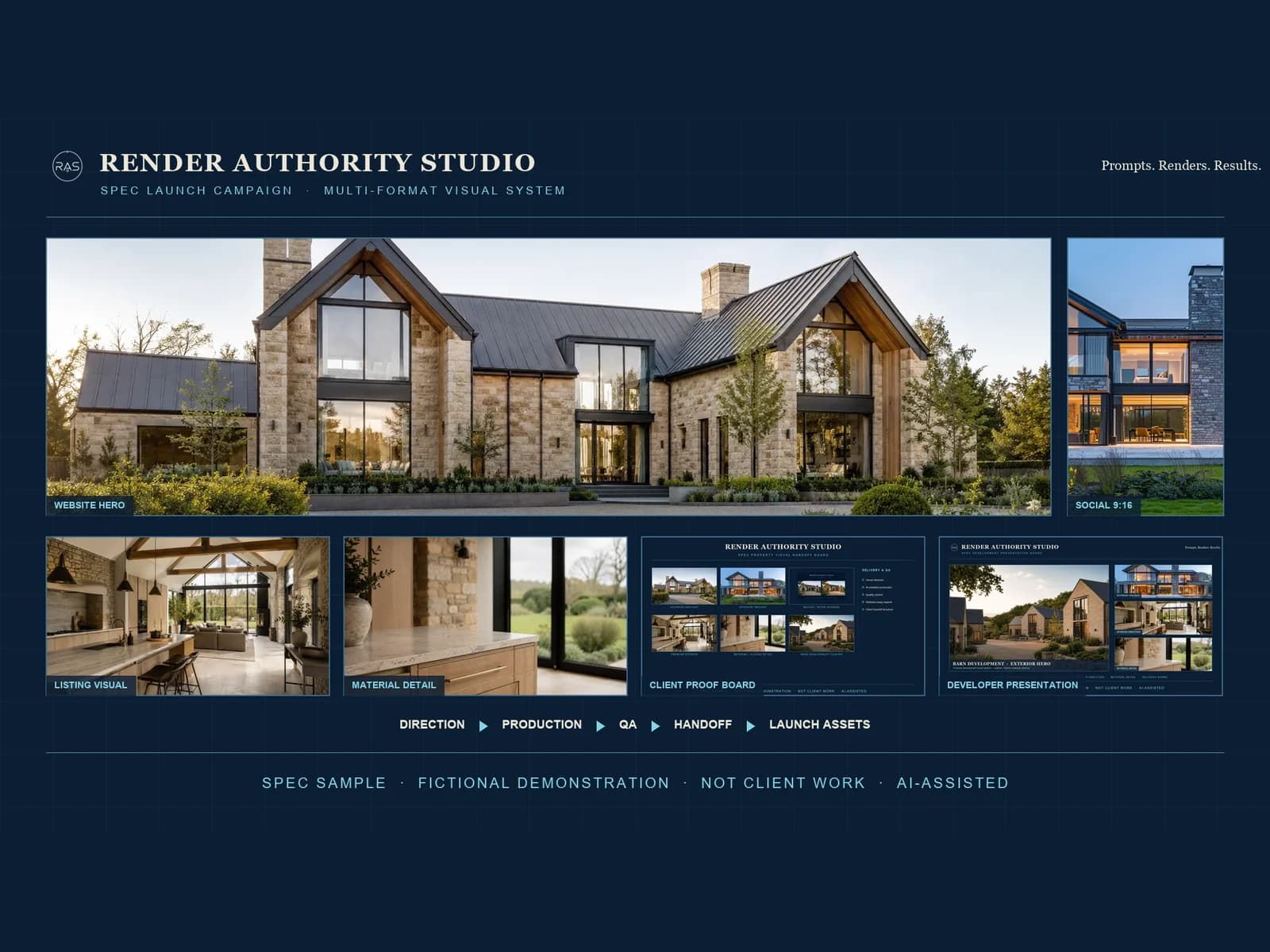 SPEC fictional Render Authority Studio launch campaign board showing coordinated property visuals for website, listings, social media, proof handoff, and presentation use.