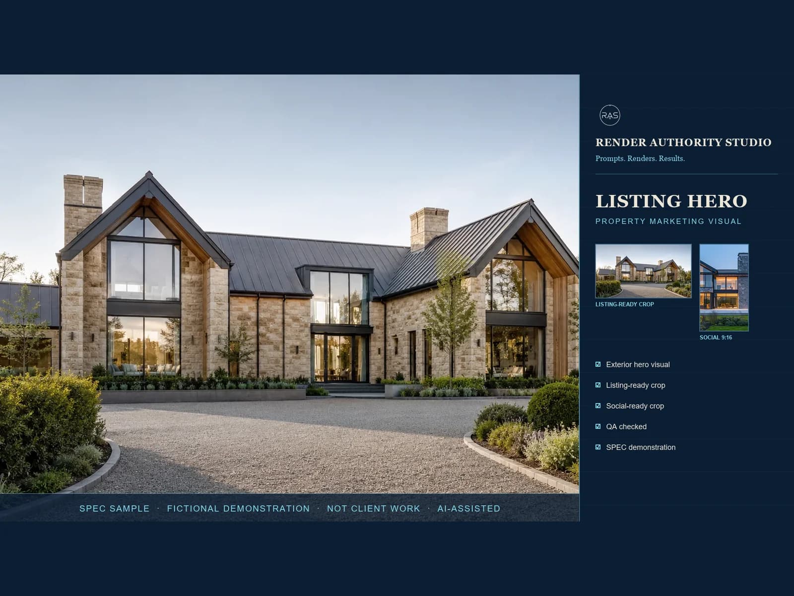 SPEC fictional demonstration — Render Authority Studio listing hero board showing a premium UK property exterior with listing-ready and social-ready crops on a navy blueprint layout.