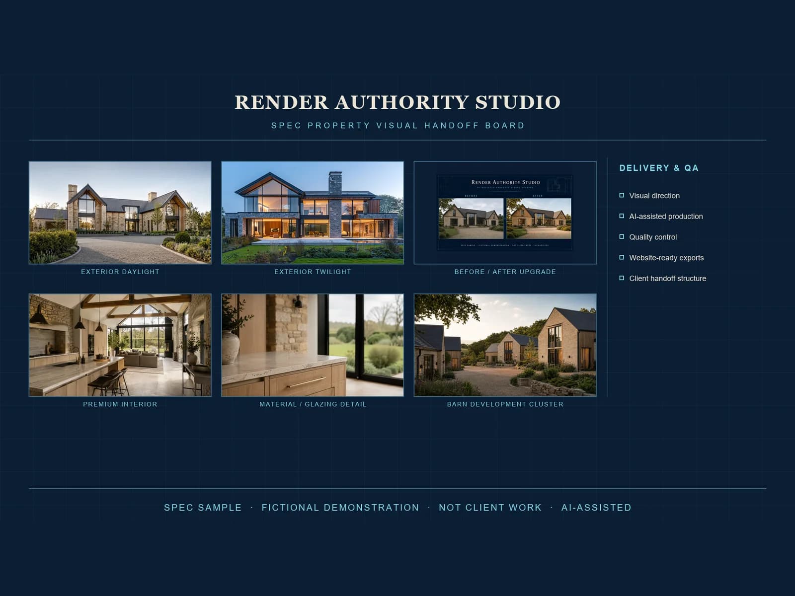Render Authority Studio fictional SPEC client handoff proof sheet showing six AI-assisted property visuals arranged on a navy blueprint-style board.