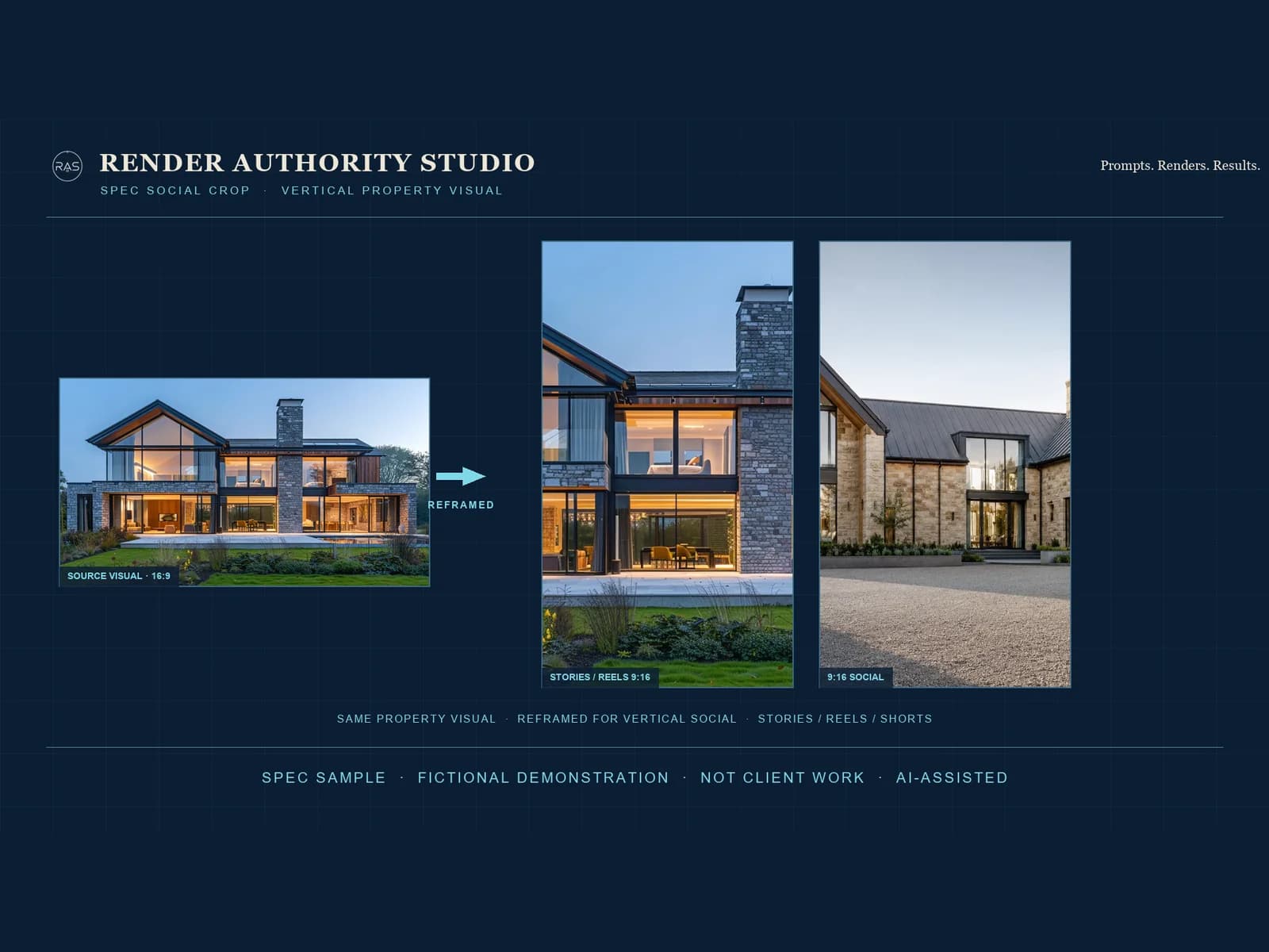 SPEC fictional demonstration — Render Authority Studio social crop board showing a property visual reframed from 16:9 into 9:16 vertical social formats on a navy blueprint layout.